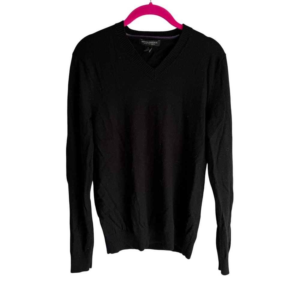 BANANA REPUBLIC Black Merino Wool V-Neck Mens Minimalist Long Sleeve Sweater, S